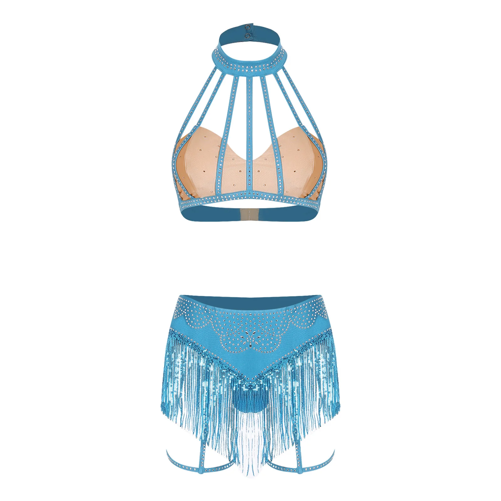 여성 벨리댄스 의상 섹시 클럽웨어 라인스톤 홀터 케이지 크롭탑 태슬 브리프 가터 허벅지 밴드 카니발 파티용