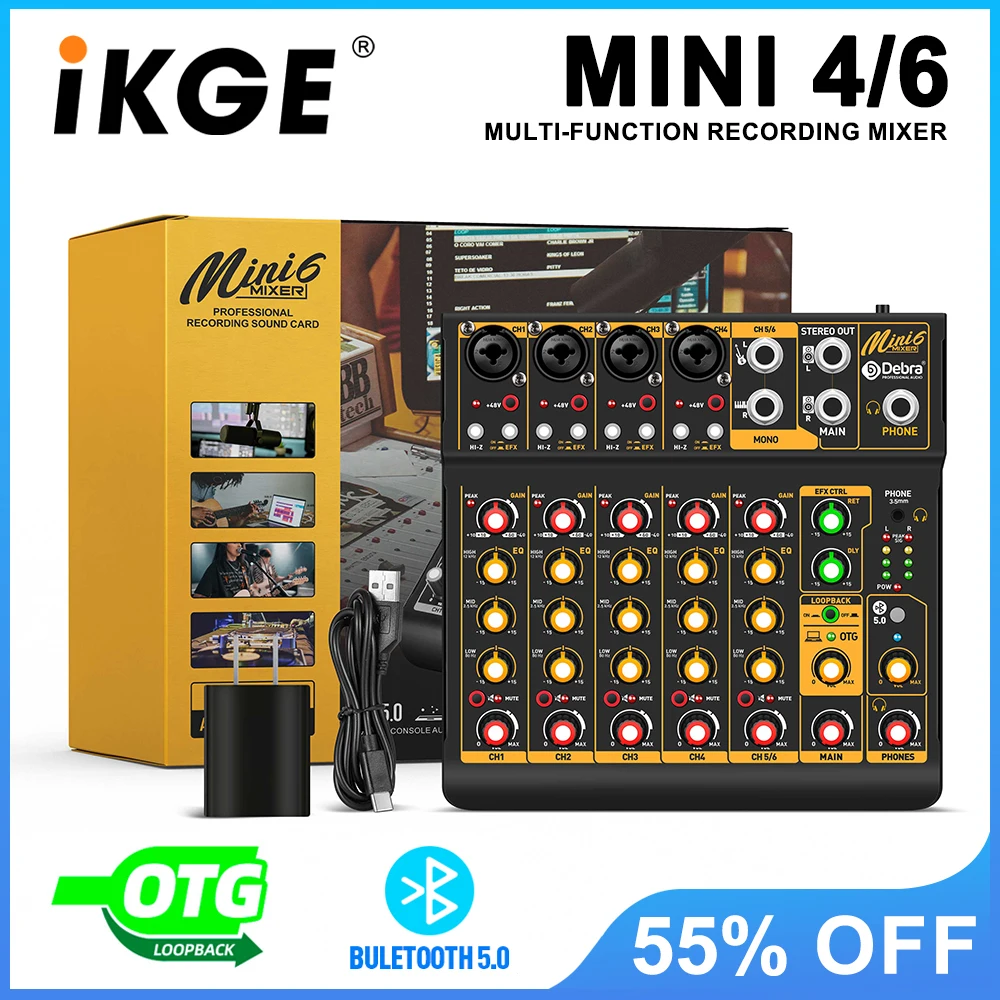 

IKGE Mini6 6-Channel Metal Audio Mixer, Bluetooth 5.0 OTG Delayed Playback Effects for PC Recording, Live Streaming