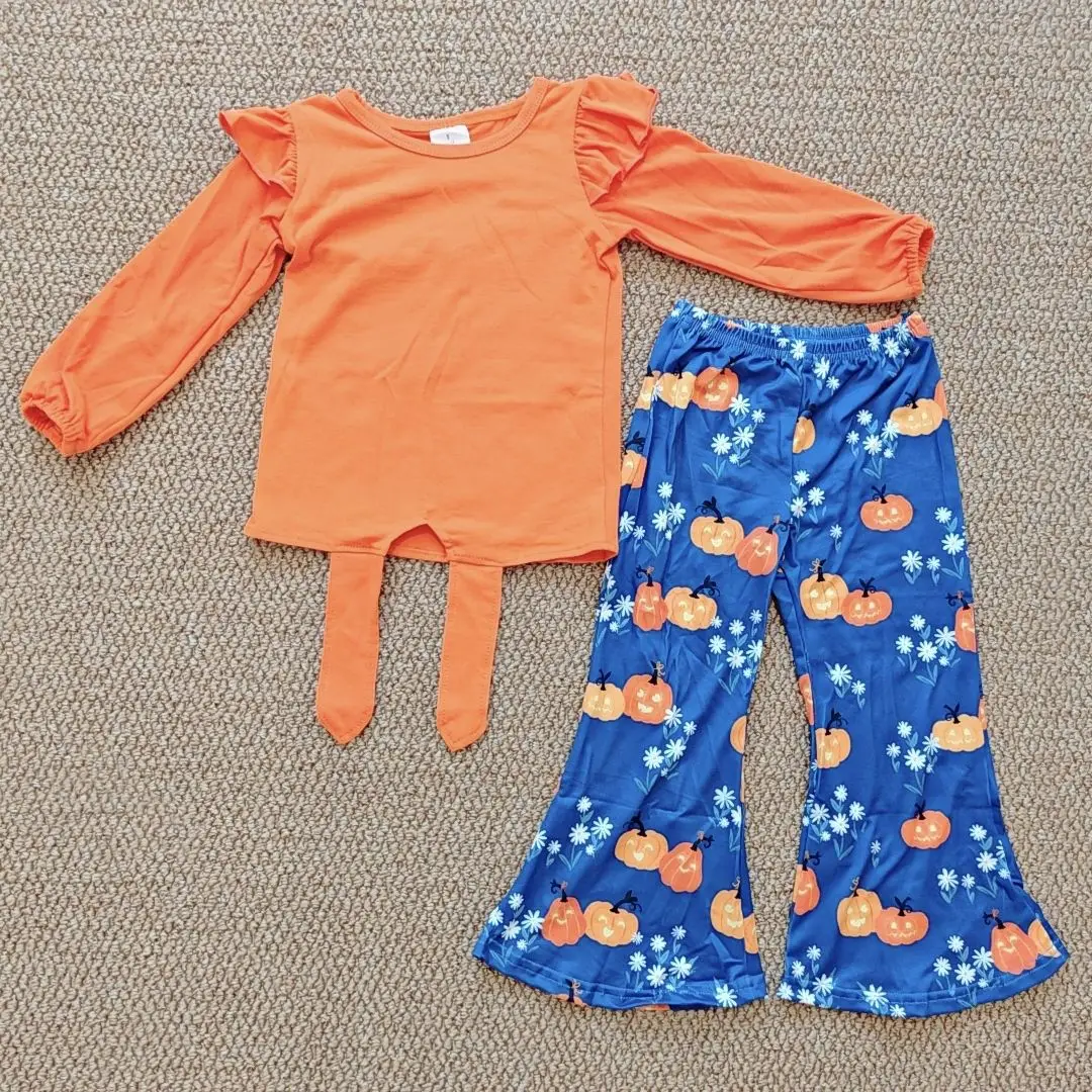 

9.18 Autumn Wholesale Western Boutique children Baby Girls Halloween Orange Top Pumpkins Flowers Bell Pants Outfits Sets