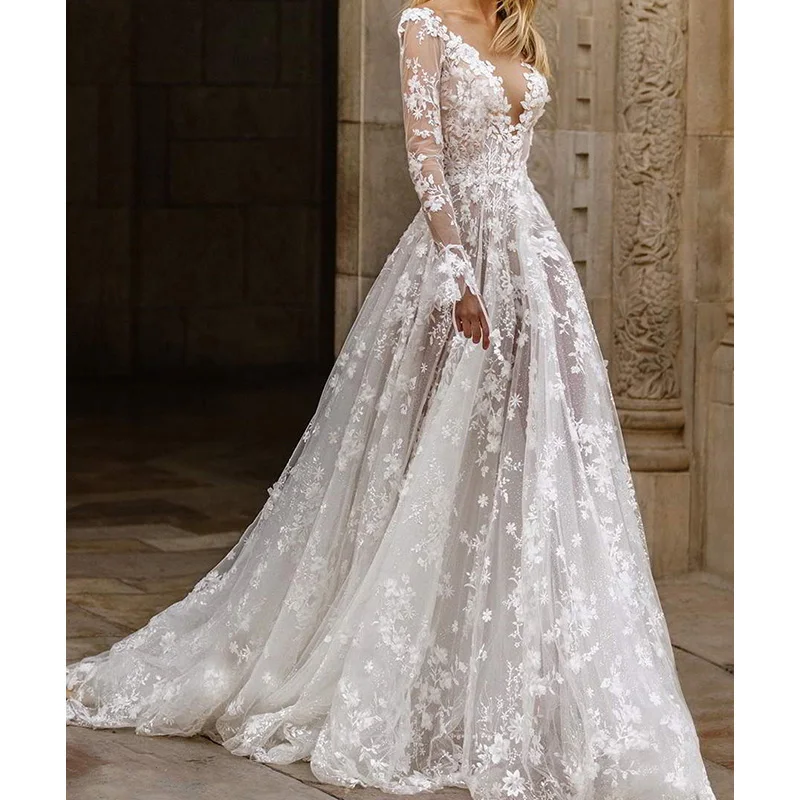Elegant Women's Summer White Long Dress Sexy Refined Lace Long Sleeves v-Neck Evening Party Prom Maxi Dresses Vestidos Платье
