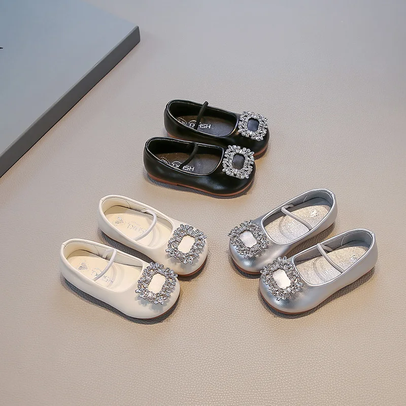 

Girls' Leather Shoes 2025 Spring/Autumn New Shallow Mouth Korean Rhinestone Kid's Princess Shoes Non-slip Children's Shoes 22-31