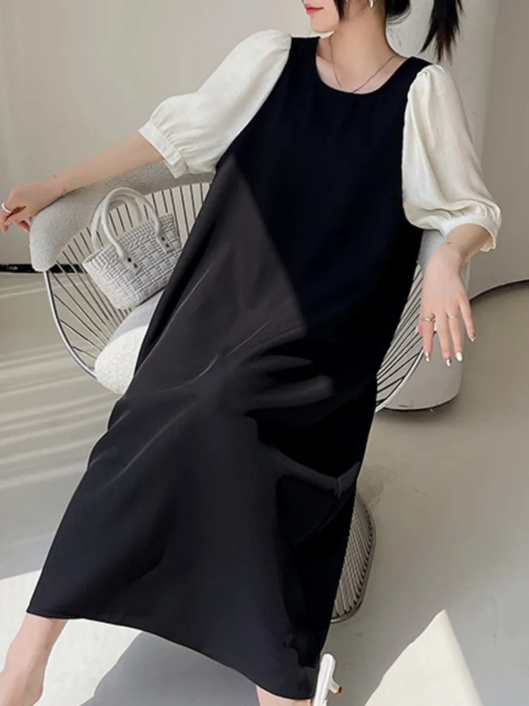 ฤดูร้อนขนาดใหญ่เสื้อชุดผู้หญิงรอบคอหลวม Fit เสื้อแขนสั้นผู้หญิงชุด Vintage Design ชุดเดรสสุภาพสตรี