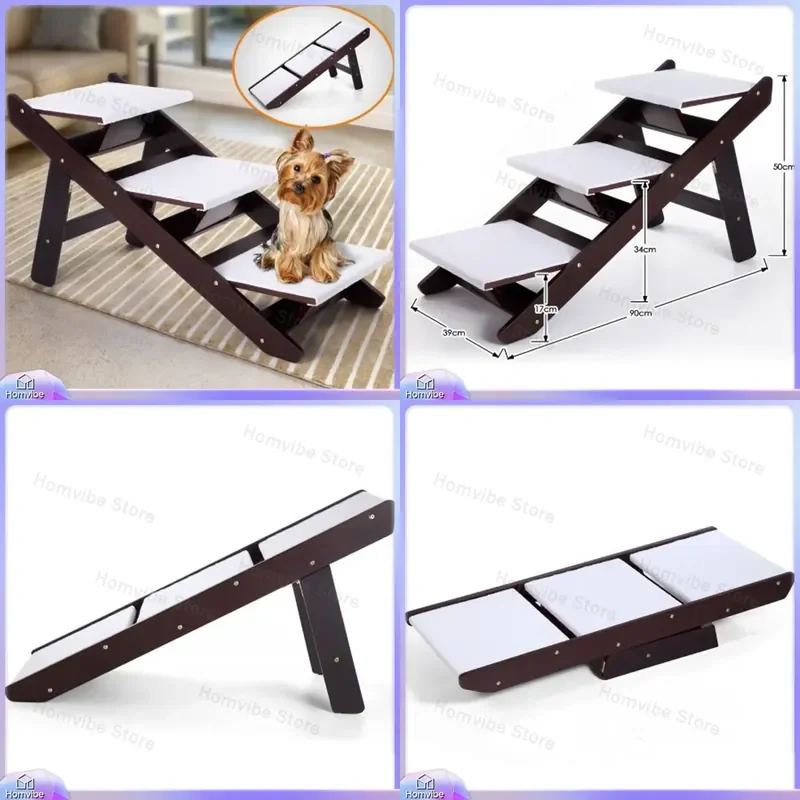 Foldable Wooden Pet Stairs 3 Step Dog Ramp Non Slip Bedside Steps for Small Dogs Cats Puppy Senior Animal Furniture Accessory