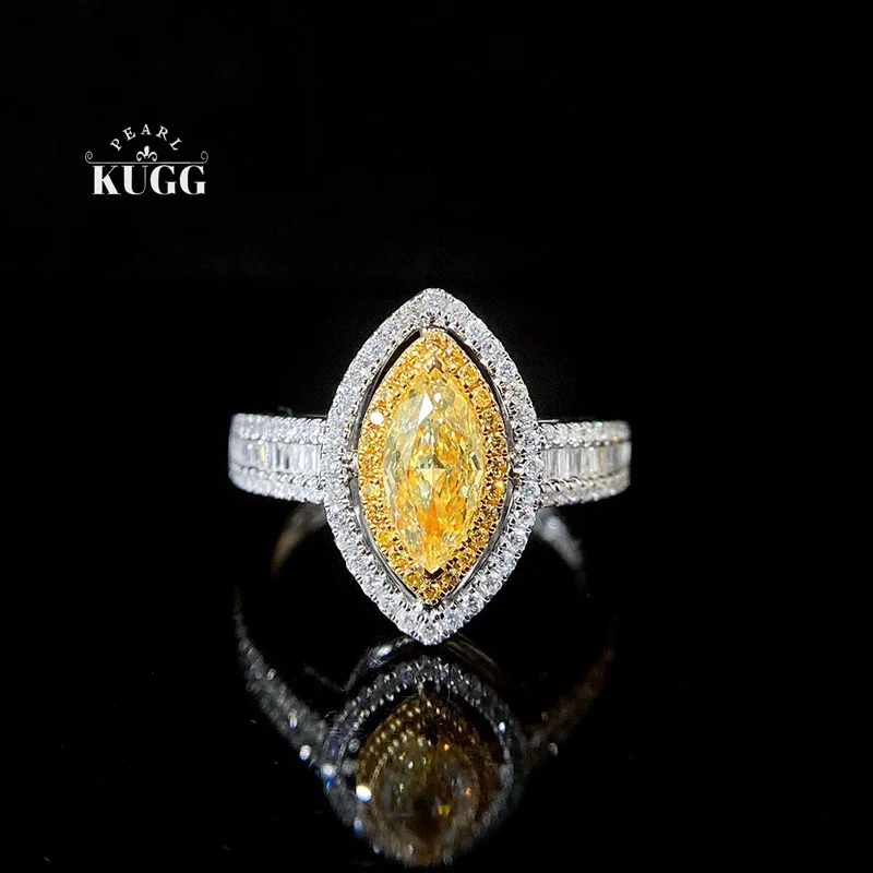 KUGG 100% 18K White Gold Rings Women Luxury Marquise Cut Shape Real Natural Yellow Diamond Engagement Ring High Party Jewelry