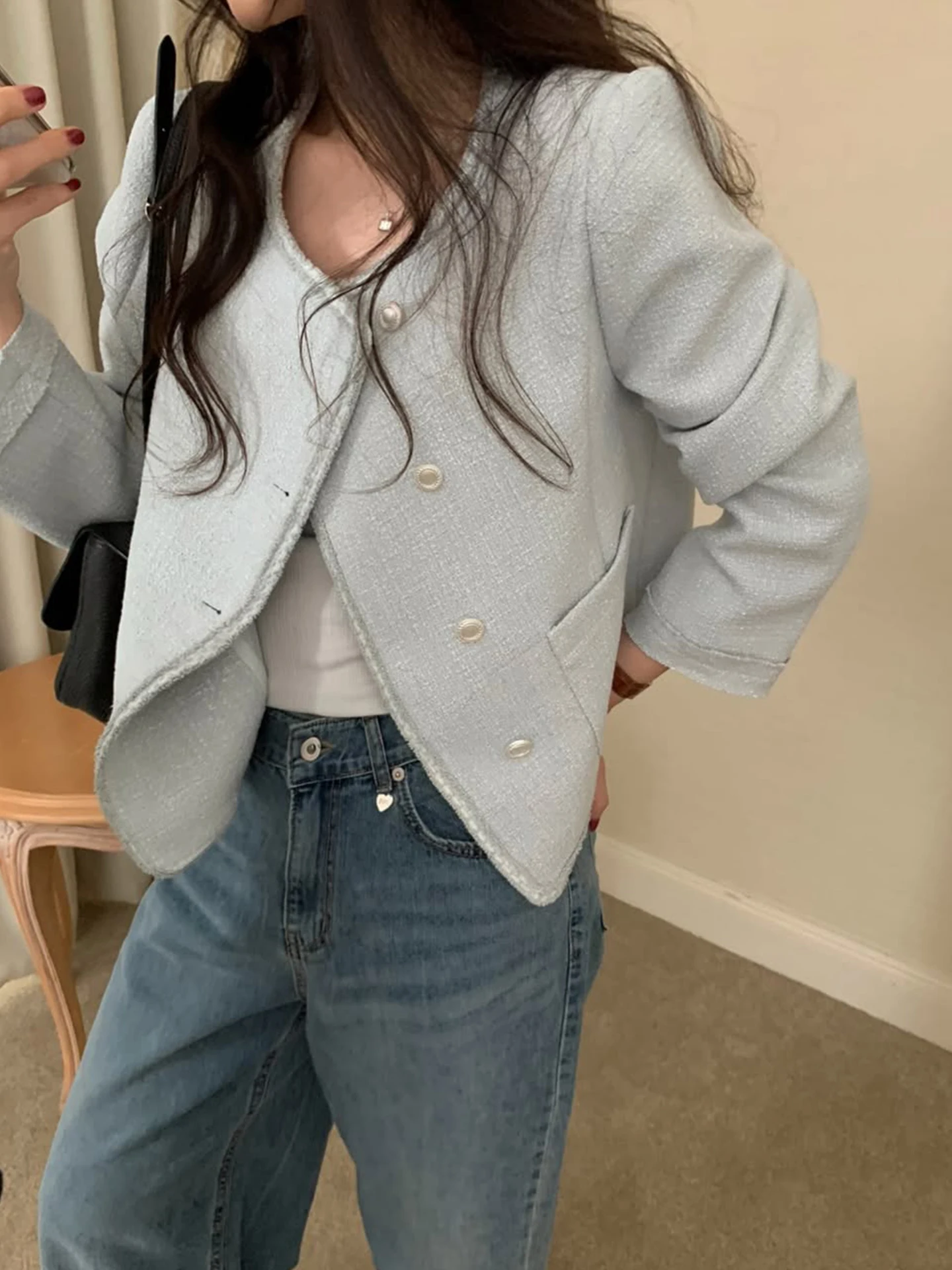 Korean Style Short Coat Women's Plaid Jacket Autumn 2026 High Quality Slimming Top round Neck Button Closure Polyester Fiber