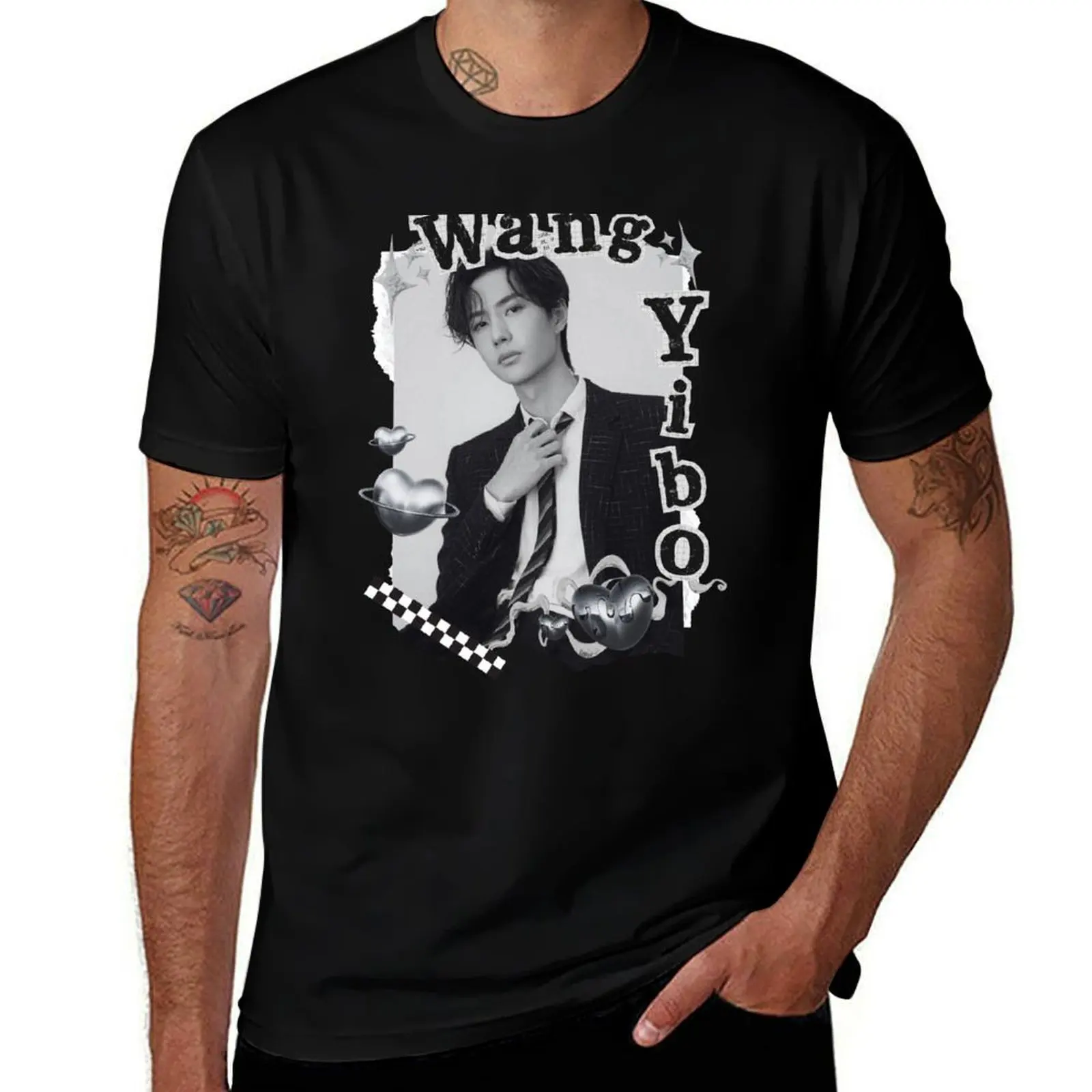 Wang Yibo C-Drama Actor Black and White Collage Design T-Shirt Casual All Match Tee Shirt for Men T-Shirt