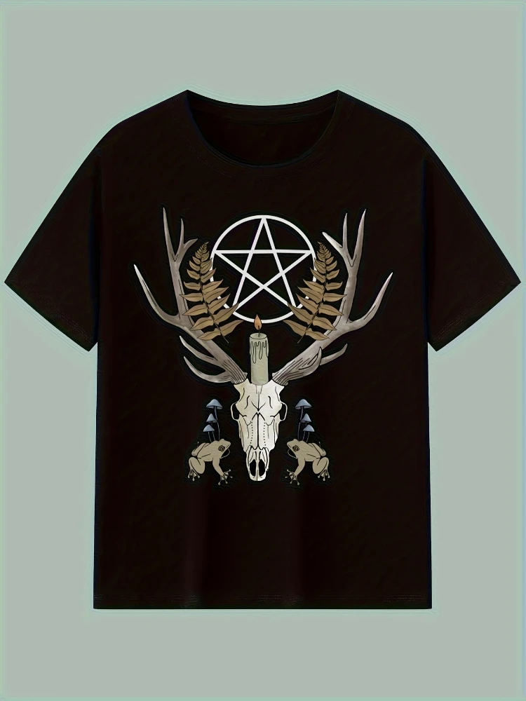 Gothic Celtic Knot & Pentagram-Deer Head, Stag Skull & Rune design-100% cotton O-neck short sleeve printed men's T-shirt.