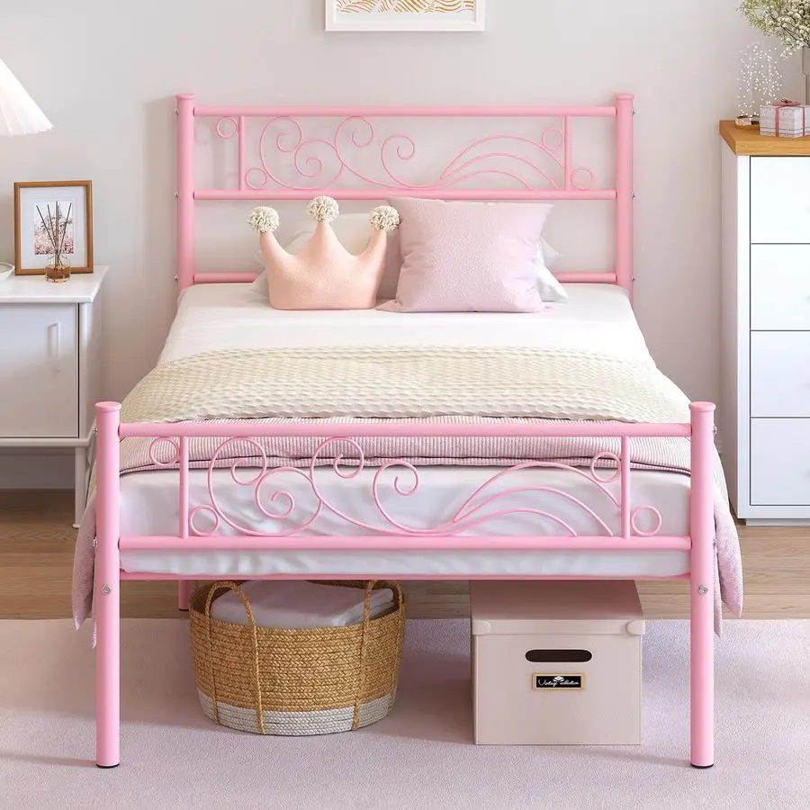 

Twin Bed Frames Metal Platform Heavy Duty Steel Slat Under Bed Storage for Kids Pink