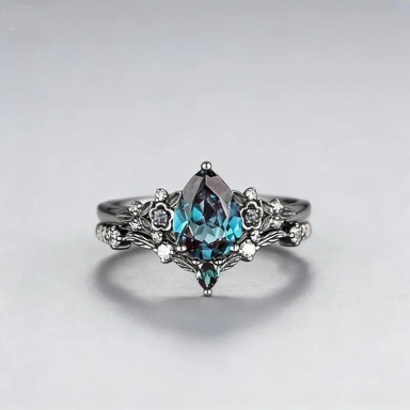 Creative Flower & Blue Zircon Stackable Ring Set for Women, Personalized Light Luxury High-End Finger Rings