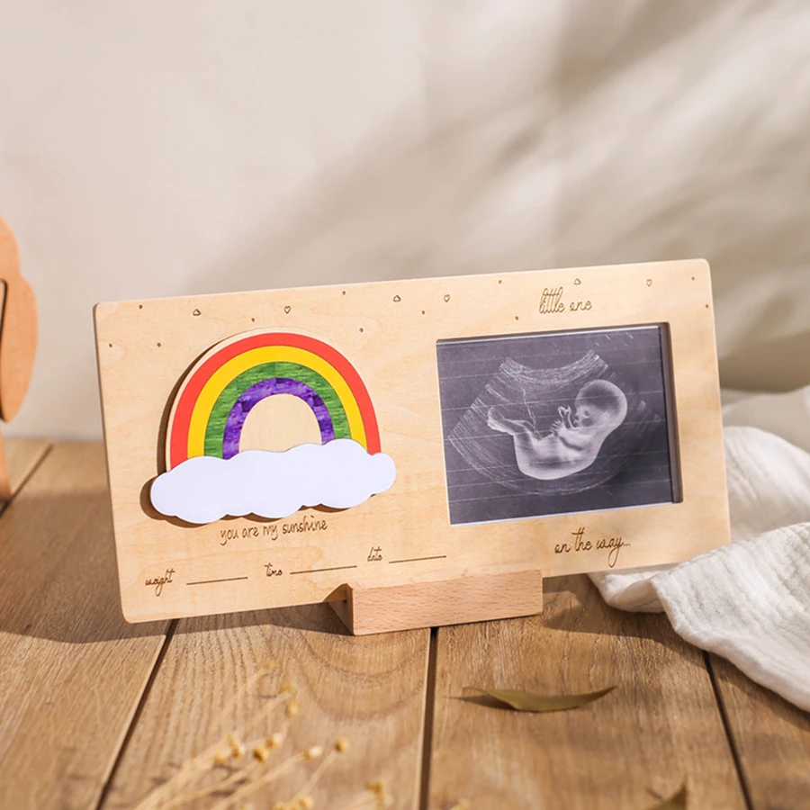 Baby Wooden Baby Announcement Sonogram Keepsake Pictures Frame Ultrasound Memorial Photo Frame Rainbow For DIY Newborm Gift