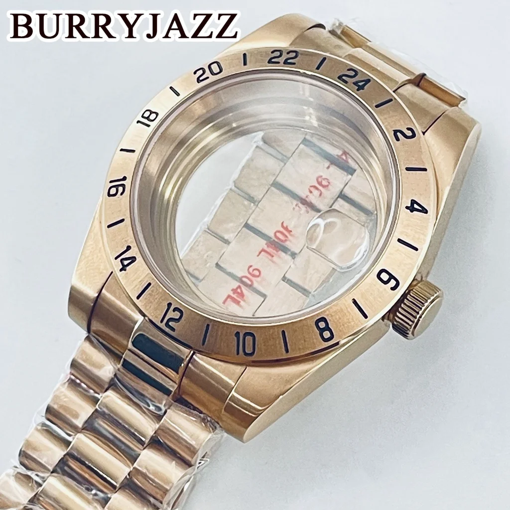 BURRYJAZZ 39 مللي متر NH34 NH35 NH36 NH70 NH72 ETA2824 PT5000 ساعة حافظة GMT ارتفع الذهب الفولاذ المقاوم للصدأ الياقوت الزجاج الإنزلاق قفل المشبك