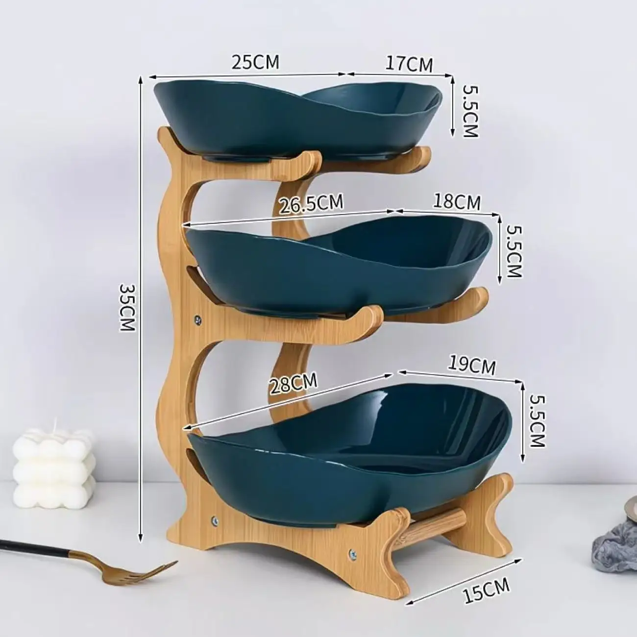 Wooden Fruit Stand - 3 Tier plastic Fruit Bowls with Wooden Stand used for Kitchen,Dining hall, ect.