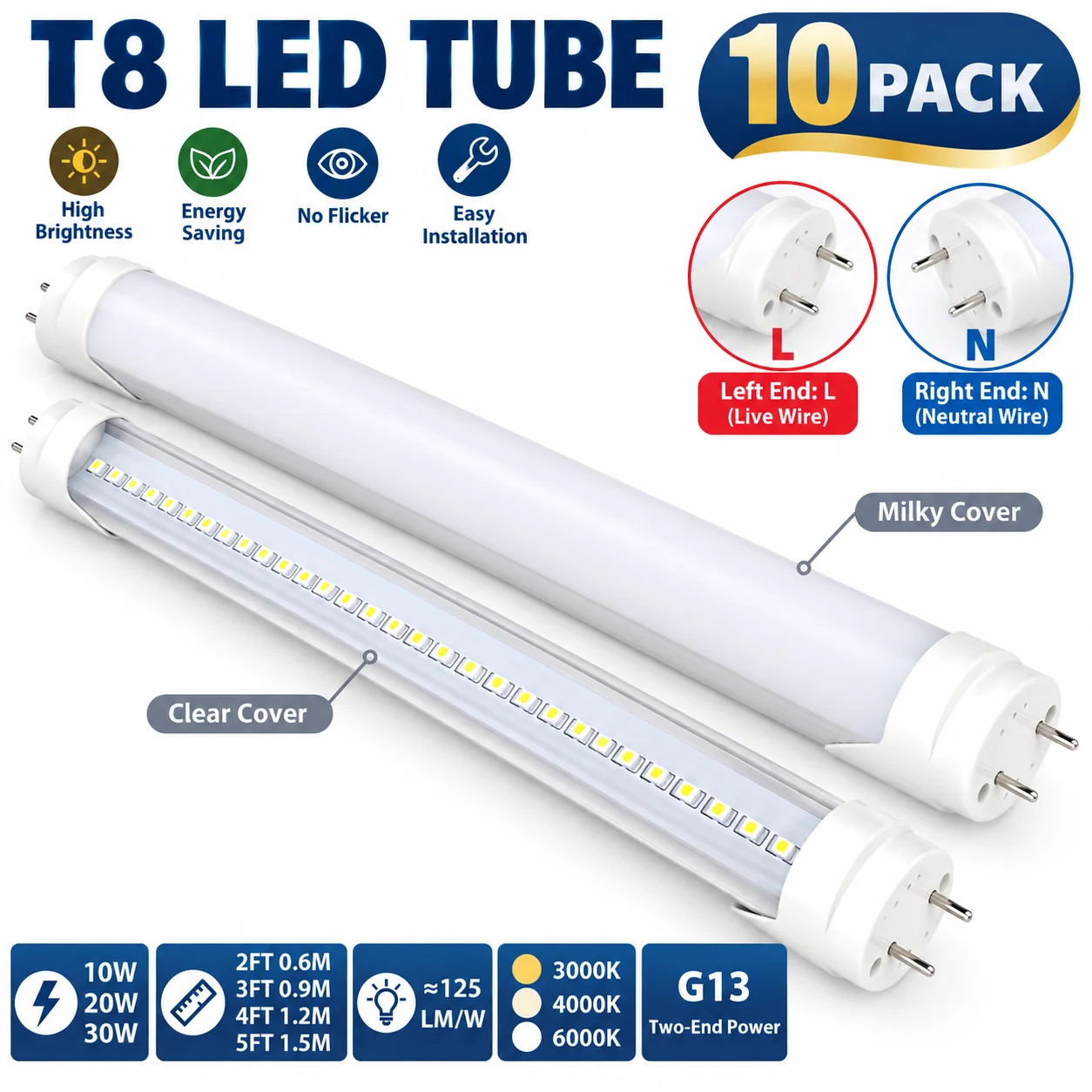 10Pack T8 LED Tube Light G13 Base 2FT-5FT 10W-30W AC85-265V No Flicker Energy Saving Tube LED Lamp for Garage Warehouse