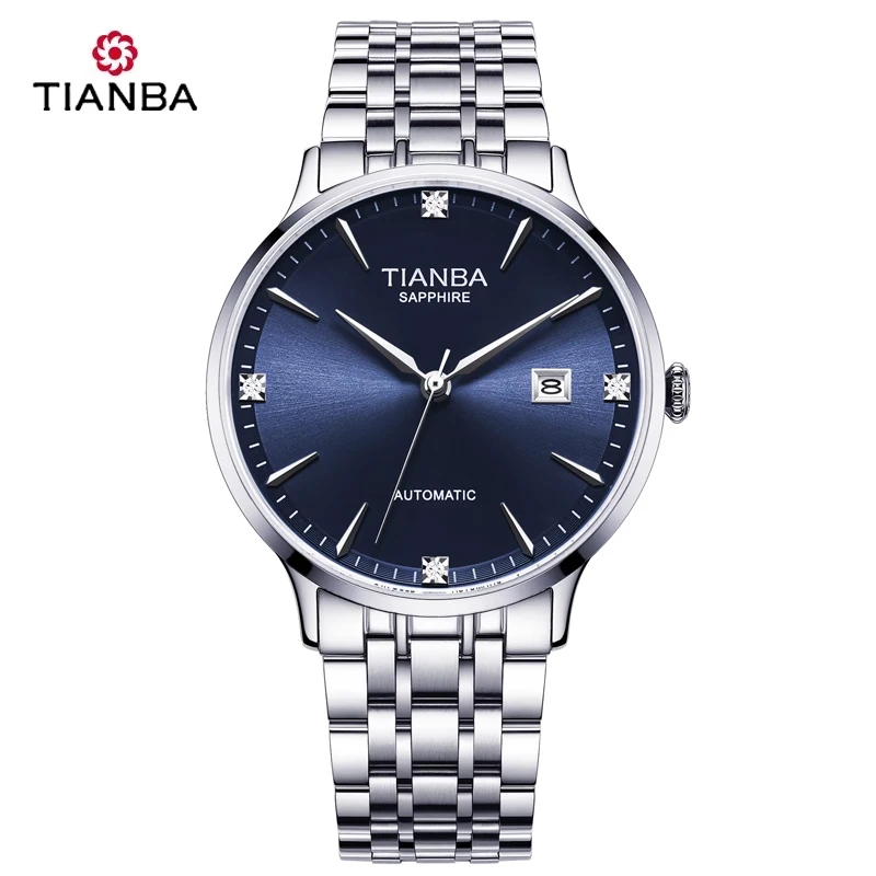 TIANBA Orologio meccanico automatico originale Orologio da uomo impermeabile Display calendario Cinturino scheletrato in acciaio inossidabile 6040