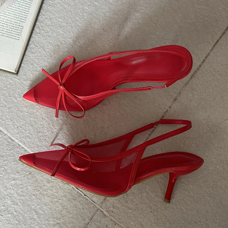 

Eilyken Summer Butterfly-knot Breathable Mesh Pointed Toe Women Pumps Fashion Elegant Thin High Heels Banquet Wedding Shoes