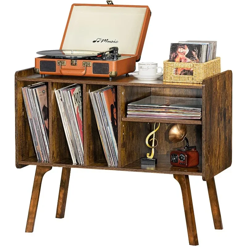 

Record Player Stand with 4 Cabinet Holds Up to 220 Albums, Large Turntable Beech Wood Legs, Brown Vinyl Holder Storage Shelf