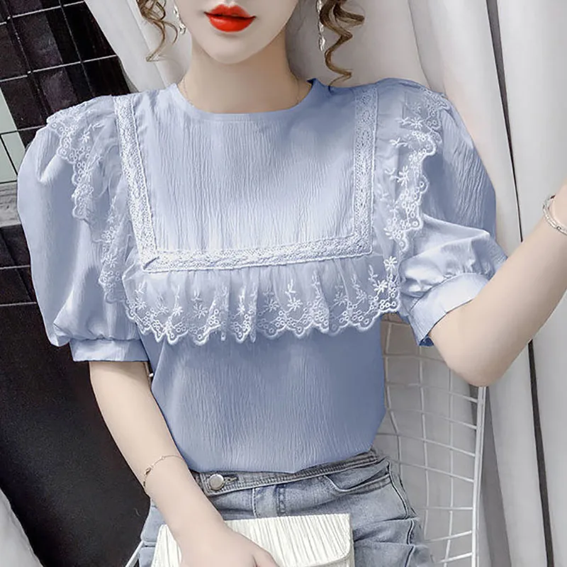 Sweet O-Neck Spliced Lace Ruffles Puff Sleeve Blouse Women's Clothing 2023 Summer New Casual Pullovers Loose Short Sleeve Shirt