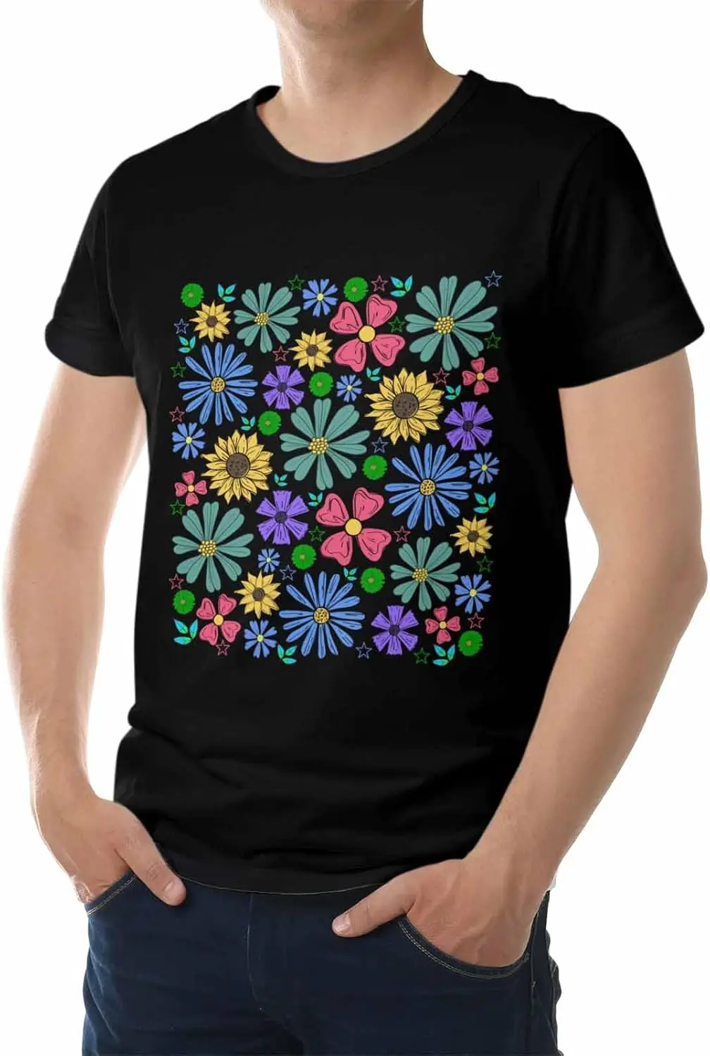 Men's T-Shirt, Novelty Graphic T-Shirt Colorful Flowers Stars Cotton Crew Neck Men's Short Sleeve Basic Tshirts Black-L