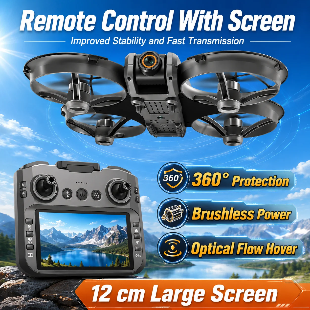 Drone Brushless Motor Wind Resistant RC Drone 12.5cm Large Screen Remote Control 360° Surround Protection Optical Flow Hover One Button Control Toy Drone