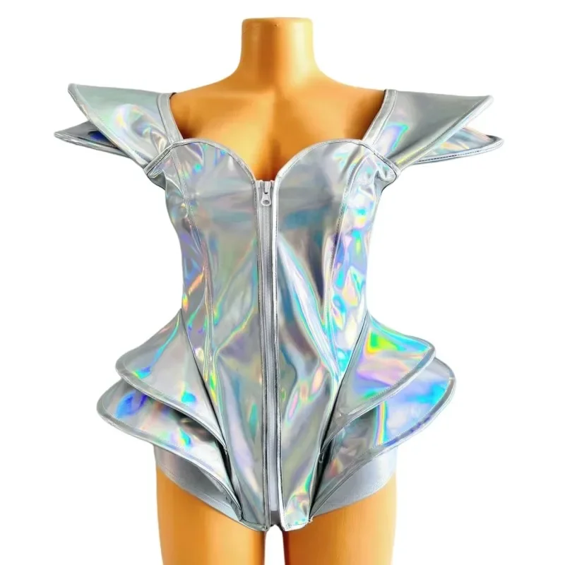 

Sexy Fluorescent Silver Dance Costume Faux Leather Fly Shoulder Bodysuit with Shorts Singer Team Gogo Stage Performance Clothes