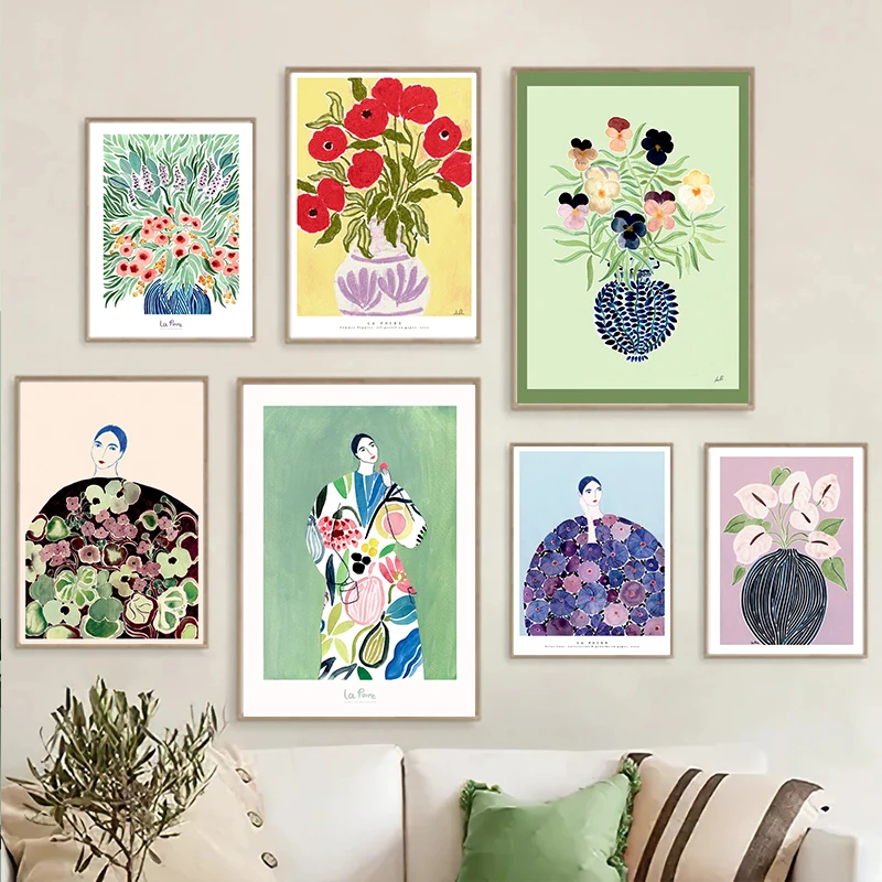 1pc frameless Tulip Violets Vase Woman Coat Flower Posters Light Green Abstract Aesthetics Canvas Painting Print Pictures Living