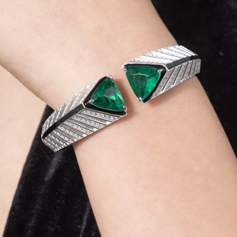 

AYJEWELRY 925 Sterling Silver Cuff Bangles Bracelets With Double Triangle Emerald Green High Carbon Diamond Luxury Jewelry Women