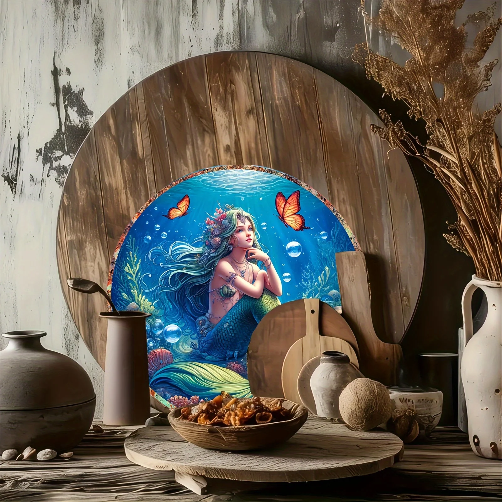 Mermaid Dream Seascape 8-Inch Round Vintage Aluminum Wall Art, Foil Engraving Decorative Sign With Pre-Drilled Holes For Home An