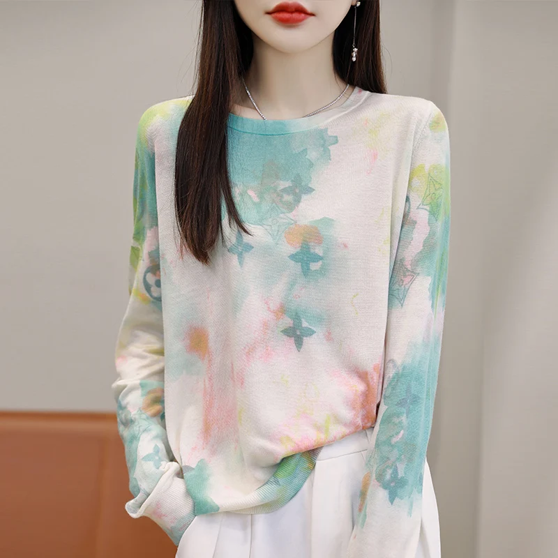 

Spring Autumn New Fashion Cashmere Sweater Women's Worsted Wool O-Neck Thin Long Sleeve Knit Pullover Flower Pattern Printed Top