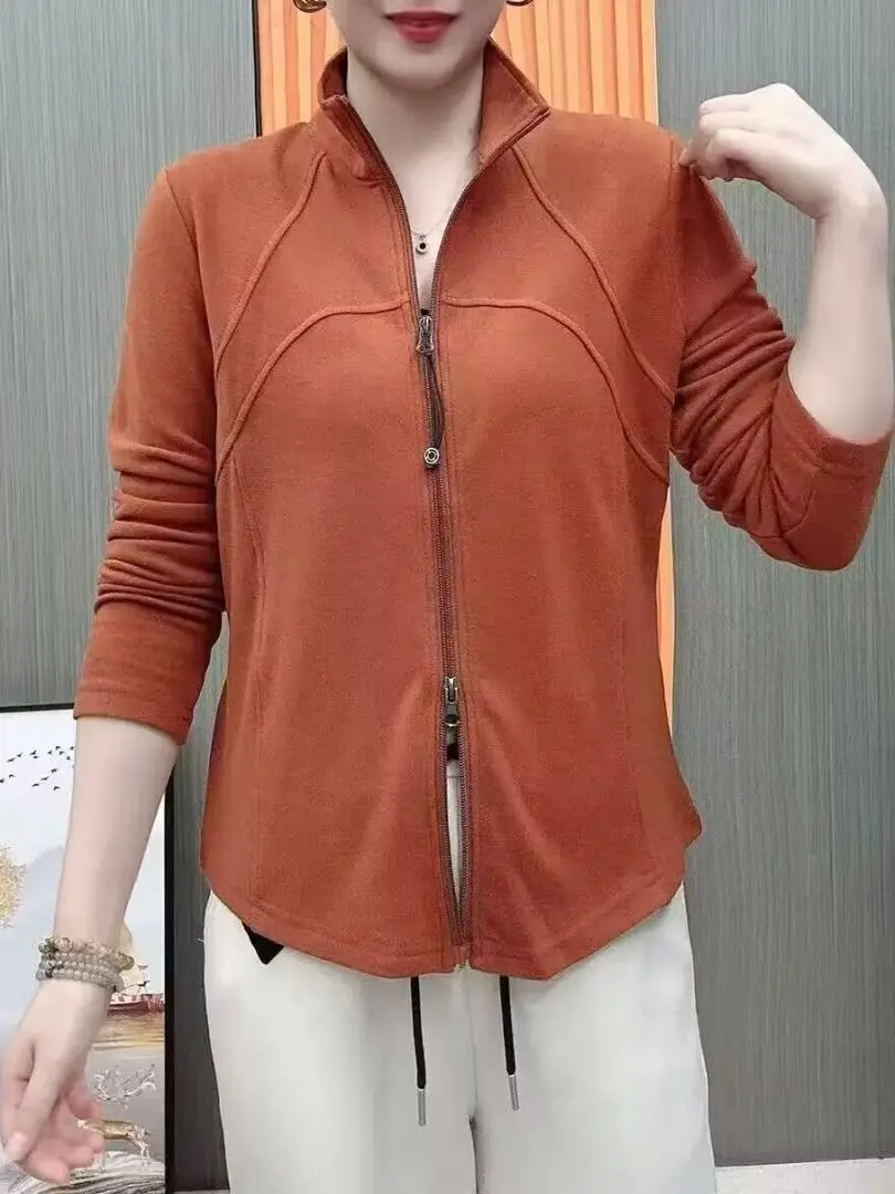 

Осень-зима, повседневный открытый кардиган, однотонный воротник-стойка, двойная молния, дизайн, утягивающий свитшот для женщин