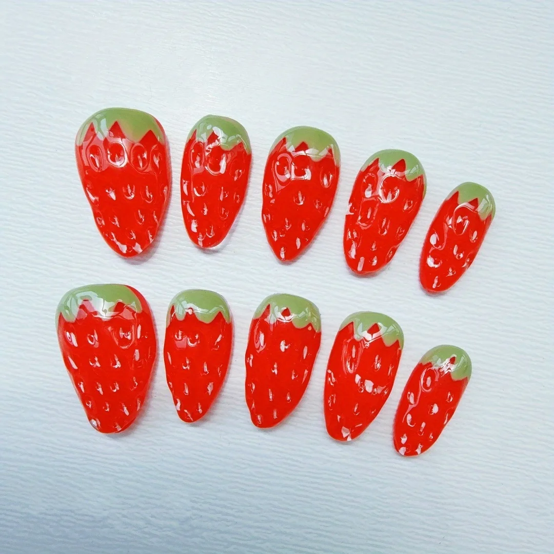 

10pcs high-end Short stereoscopic white temperament gradient handmade fake nails, Artificial three-dimensional jelly strawberry