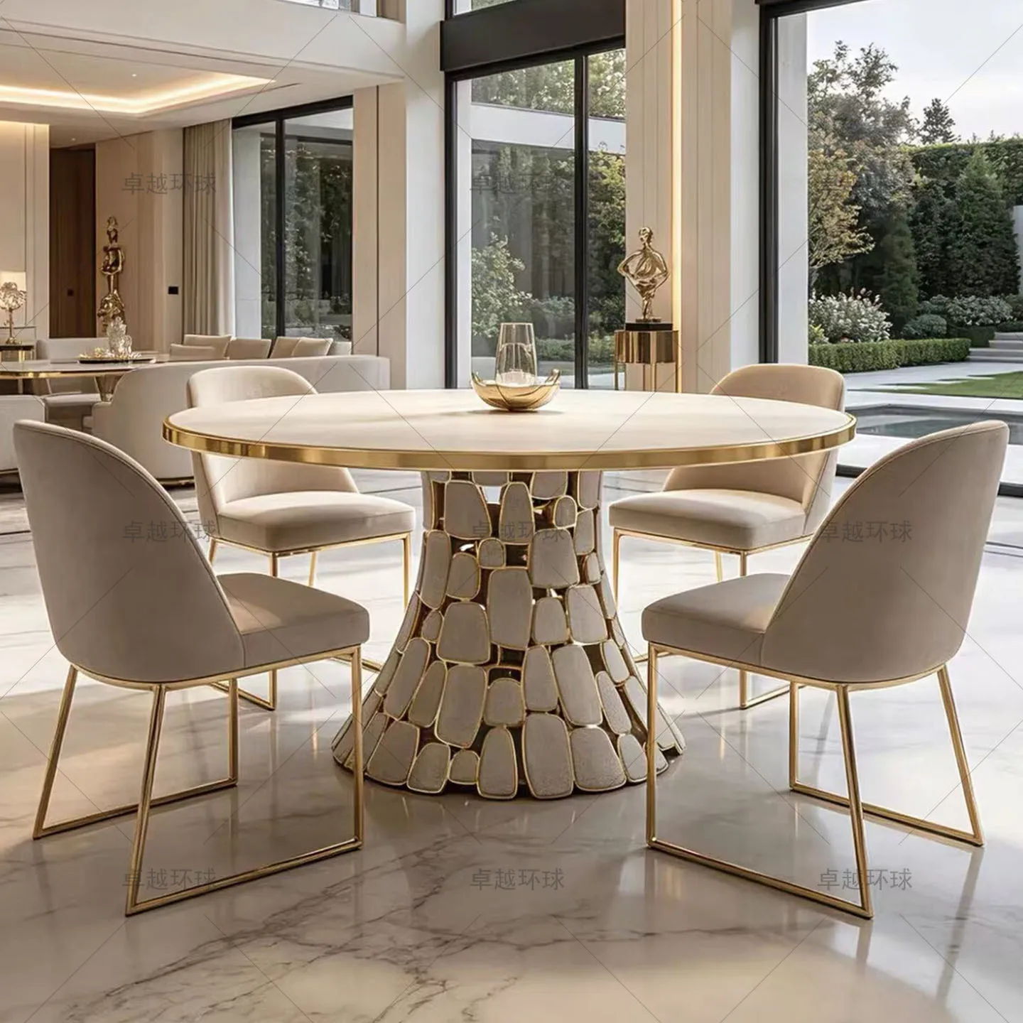 Italian Light Luxury Stone Negotiation Table Designer Villa Pearl Fish Pattern High-end Stainless Steel Splicing Round Dining Ta