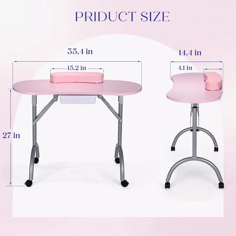 Table à ongles portable avec clous rpm, équipée de tiroirs et supports de poignet, et d'une station de travail à ongles à roues