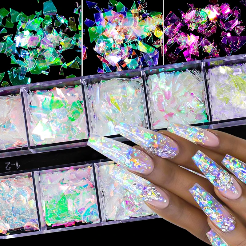 12 Grids Irregular AB Mermaid Nail Sequins Iridescent White Flakes Maple Snow Butterfly Heart Pailliette Glitter For Nails Tools