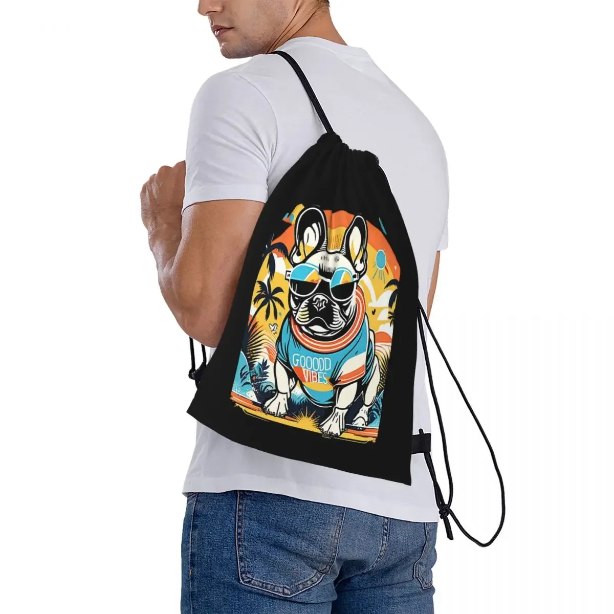 Franse Bulldog Retro Vibes-Kleurrijk Design Rugzakken Trekkoord Tassen Met Trekkoord Bundel Zak Diversen Tas Boekentas