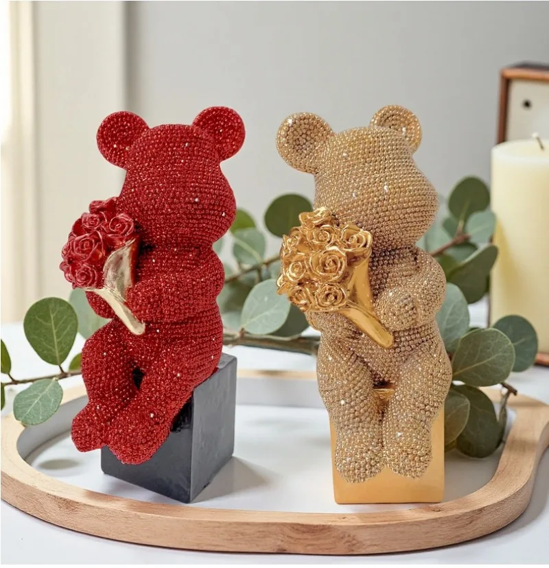 Colorful Spotted Bear with Flowers,Resin Statue Decoration,Small Character Decoration,Bookshelf,Living Room or Office Decoration
