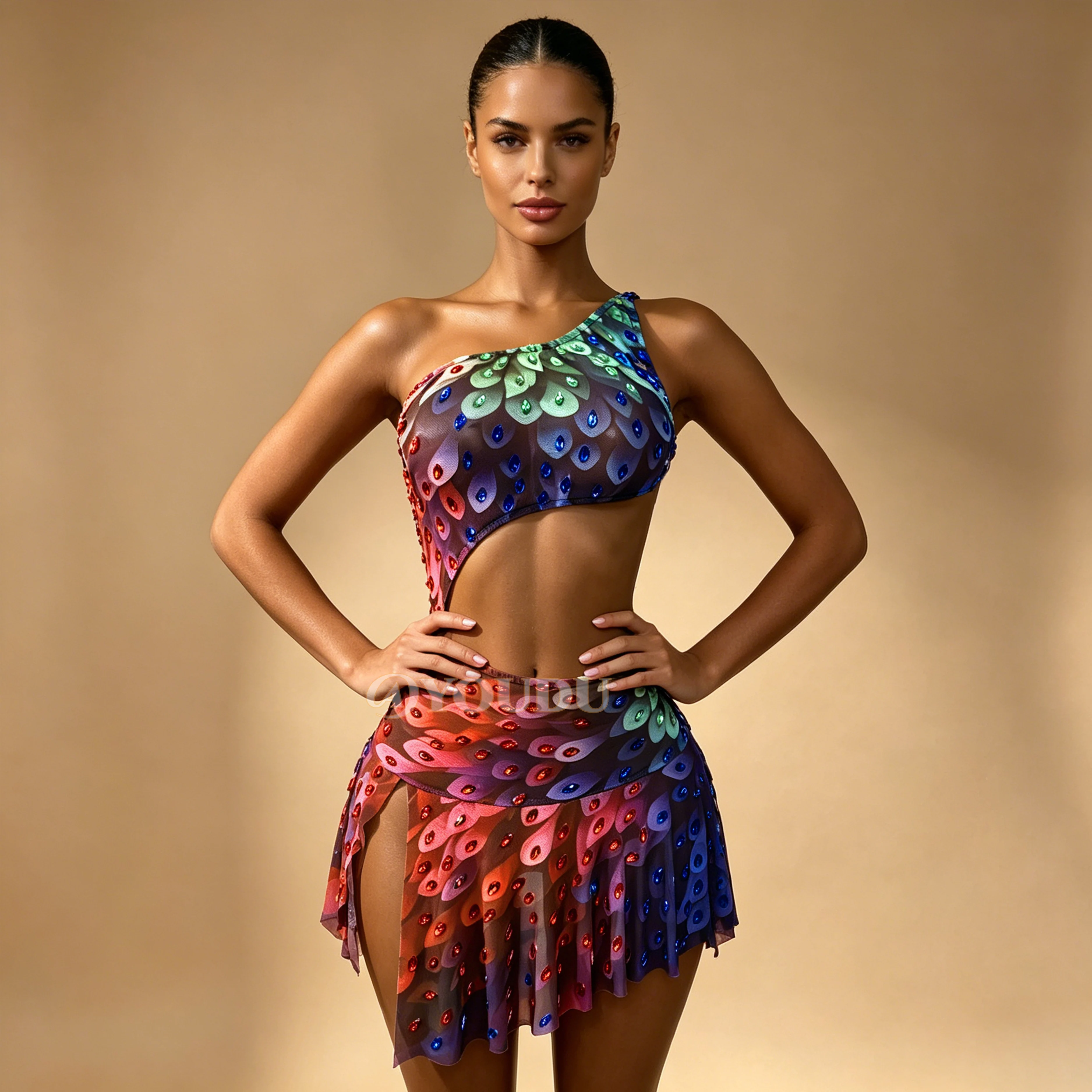 New Designed Shining Rhinestones One shoulder Hollow waist Short Dress Women Party Fashion Show Outfit Stage Performance Fengyu