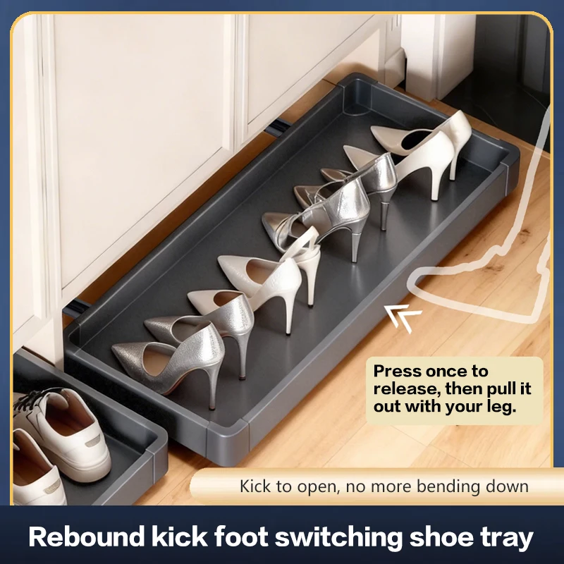 Kick Drawer Under Shoe Cabinet Bottom Multi Functional Pull Out Storage Tray With Push Open Slide For Entryway Home Organizer