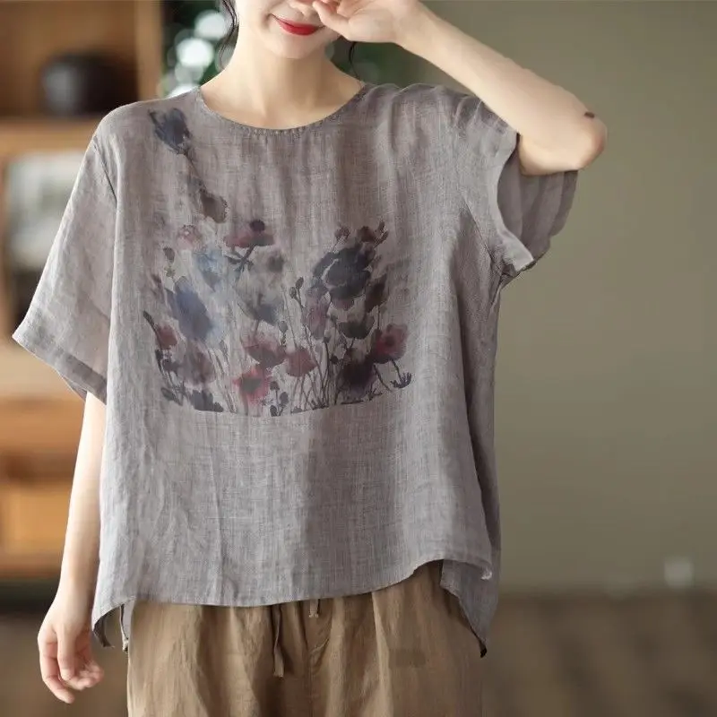 Women Summer Simplicity Loose Elegant Printing Cotton and Linen O-neck Short Sleeve T-Shirt Ladies Casual Appear Thin Top Tee