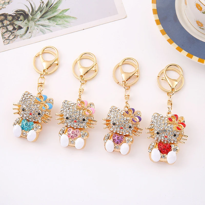 Sanrio Kawaii Hello Kitty Cute Crystal Masonry Keychain Girl Metal Backpack Pendant Ring Korean Keyring Key Chains