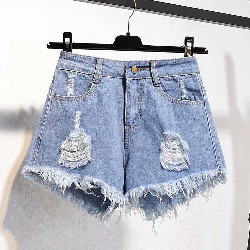 

Casual High Waist Denim Shorts Women 2023 ummer Pocket Tassel Hole Ripped Jeans Short Female Short Pants Women