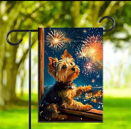 Garden Flag, Firework Yorkie, 12”x18” Thick Burlap Polyester Double-sided VVL YYX EEZ