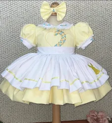 0-12Y Baby Girl Summer  Yellow  Handmade Rose Rabbit Embroidery Dress for Birthday Photography Baptism Eid Casual   B130