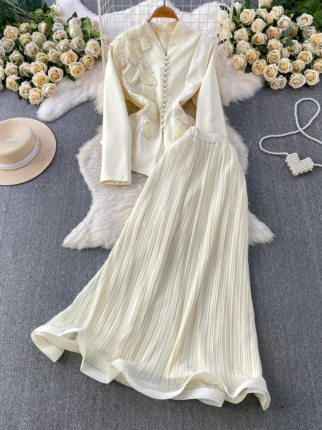 Elegant V-Neck Sequin Floral Jacket with Pleated Long Skirt Set High Waist Commute Style Formal Spring Summer Outfit for Women