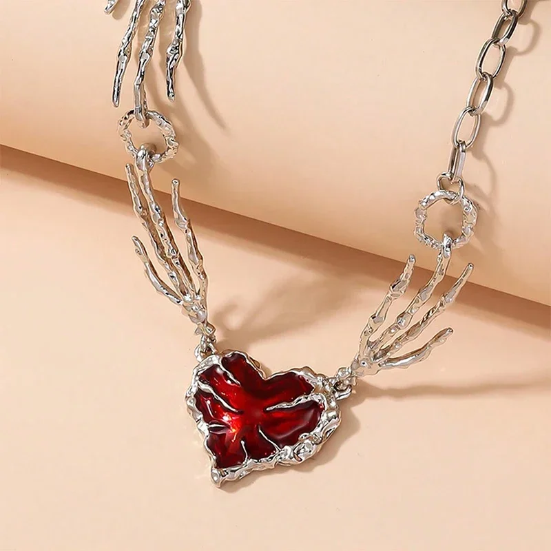 Gothic Ghost Claw Red Heart Necklace Irregular Dark Love Necklaces Punk Harajuku Big Heart Pendant Necklace For Men Women image 6
