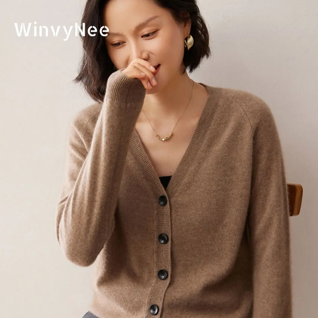 WinvyNee Women's Cashmere Wool Cardigans Long Sleeve Sweaters Solid Casual V Neck Knitwear Outerwear Winter Blouse Coat B1424005