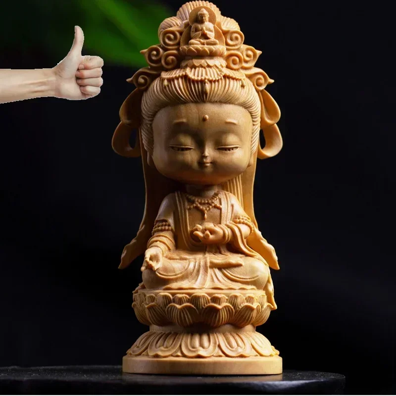 

Woodcarving Cartoon Guanyin Statue Hand Carving Solid Wood Buddhist Feng Shui Guanyin Home Room Office Decoration Statue