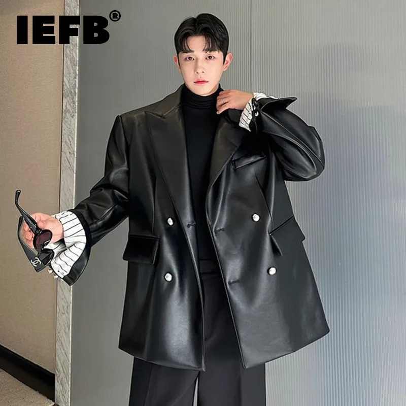 

IEFB Niche Design Men's Pu Leather Coats Solid Color Casual Double Breasted Streetwear Loose Male Jacket Personalized New 9C7982