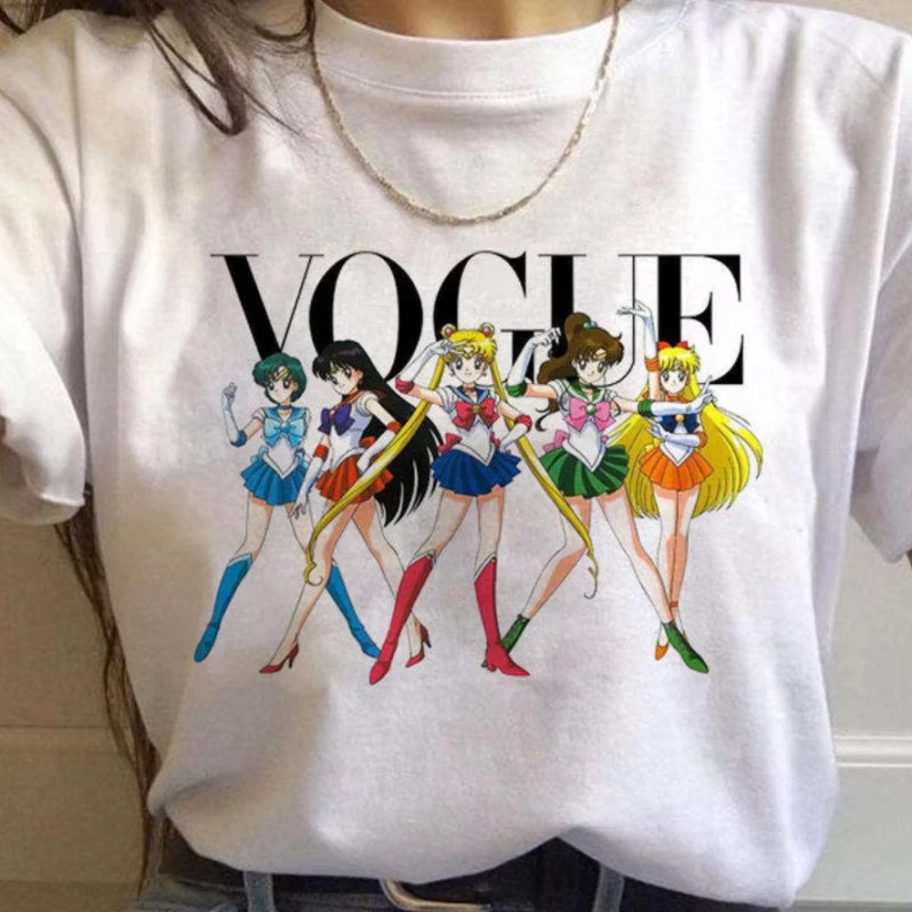 2026 Sailor Moon All Inner Senshi Team Vogue Style Print T-Shirt,Cotton Loose Oversized Tee for Women Girls Y2K Anime Streetwear