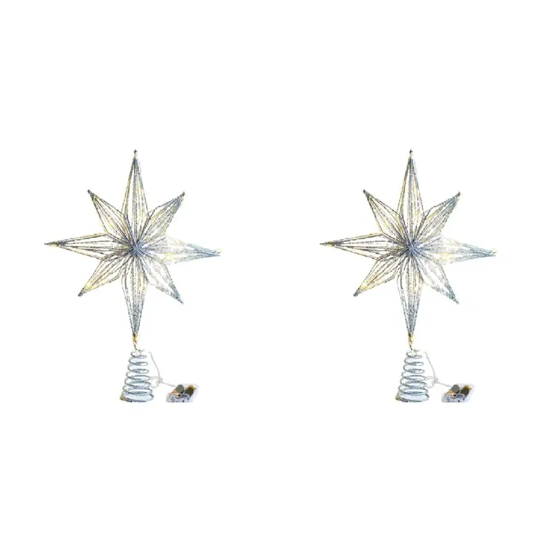 

【LAST CHANCE】2X Топперы для рождественской елки Звездная светодиодная лампа для дома для елочных украшений Восьмиконечная звезда Свет для елки, серебро