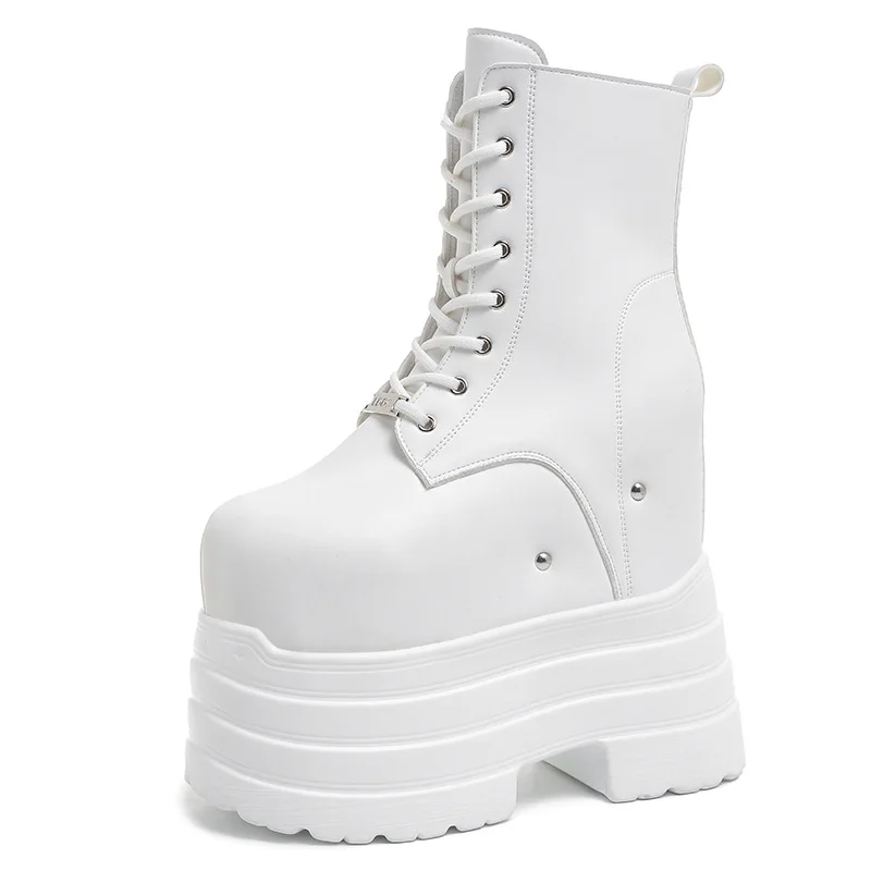 Hoogte toenemende hoge dameslaarzen Zwart leer Dikke bodem Platformschoenen Zijrits Gothic Punk Korte laarzen Street Style
